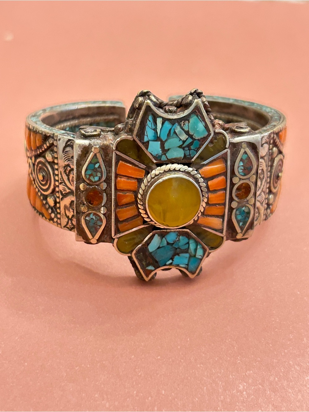 Tibetan Silver Turquoise & Coral Inlay Cuff Bracelet